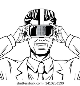 man with virtual reality headset avatar cartoon character black and white vector illustration graphic design