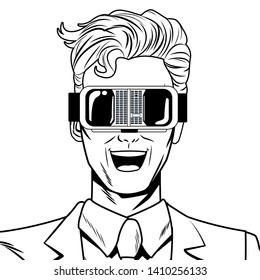 man with virtual reality headset avatar cartoon character black and white vector illustration graphic design