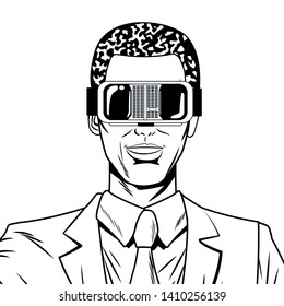 man with virtual reality headset avatar cartoon character black and white vector illustration graphic design