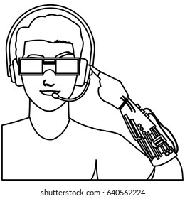 man in virtual reality headset. gaming cyber technologies. vr technology. cartoon virtual reality concept. vector illustration.