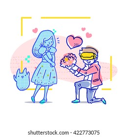 Man with virtual reality headset gives a bouquet of flower to his virtual girlfriend.