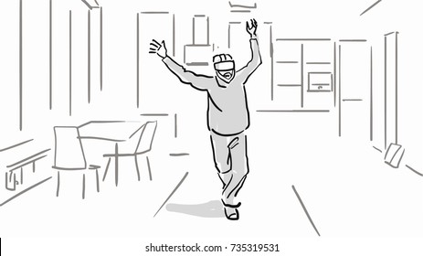 The man with virtual reality headset glasses on his head walks around the room with his hands up. Gamer black and white vector sketch. Simple drawing at white background.