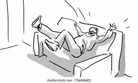 A man in virtual reality headset glasses falls on a sofa black and white vector sketch. Simple drawing at white background. Comics or storyboard.