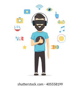 Man with virtual reality headset goggles. Sign set web media and play. VR concept Vector cartoon illustration