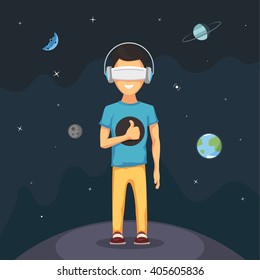 Man with virtual reality headset goggles. Virtual reality tour in open space. VR concept Vector cartoon illustration