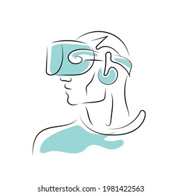 Man in virtual reality headset. Head wearing vr technology concept. Simple line drawing Isolated on white