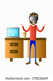 A man with virtual reality headset in his office. Flat design illustration.