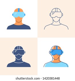 Man in virtual reality headset icon set in flat and line style. Modern computer technology symbol. Vector illustration.