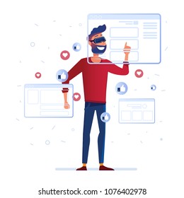 A man in virtual reality headset looking at the digital display. Man in VR glasses spends time in social media. Vector flat design illustration. Square layout.