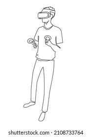 Man in virtual reality headset and motion controller continuous line vector illustration