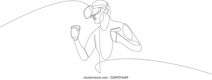 Man in virtual reality headset and motion controller one line art. Single continuous line drawing of VR gaming. Vector illustration.