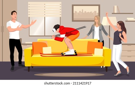 Man in virtual reality headset on ski with friends in room. Vr sports activity. Skiing simulation in metaverse use 3d digital glasses. Sport game future technologies. Vector illustration