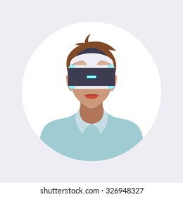 Man in the virtual reality headset. Round icon. Flat design