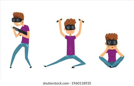 Man in Virtual Reality Headset Set, Guy Wearing VR Helmet Playing Video Games and Entertaining Cartoon Vector Illustration