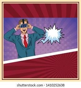 man with virtual reality headset with speech bubble avatar cartoon character and pop art background vector illustration graphic design