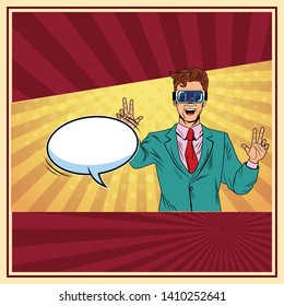 man with virtual reality headset with speech bubble avatar cartoon character and pop art background vector illustration graphic design