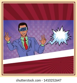 man with virtual reality headset with speech bubble avatar cartoon character and pop art background vector illustration graphic design