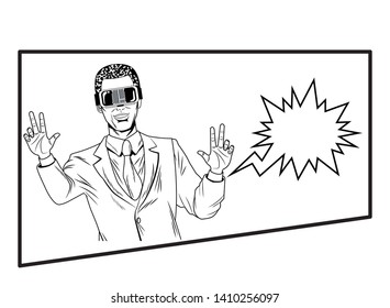 man with virtual reality headset with speech bubble avatar cartoon character and geometrical background black and white vector illustration graphic design