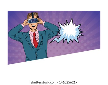 man with virtual reality headset with speech bubble avatar cartoon character and pop art background vector illustration graphic design