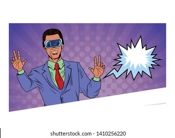 man with virtual reality headset with speech bubble avatar cartoon character and pop art background vector illustration graphic design