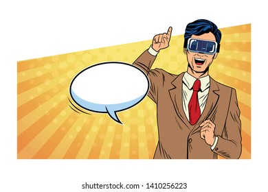 man with virtual reality headset with speech bubble avatar cartoon character and pop art background vector illustration graphic design