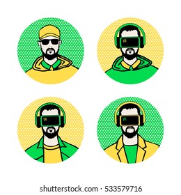 Man in virtual reality headset. Stylized character people avatars set.  Person with VR glasses and headphones. Cartoon virtual reality concept . Print on white background
