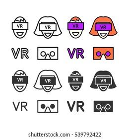 Man in virtual reality headset. Stylized character people avatars set.  Person with VR glasses. VR glasses for smartphone vector illustration. Vector icons set.