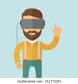 A man with virtual reality headset. Vector flat design illustration. Square layout.