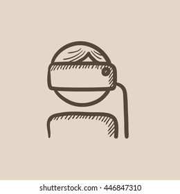 Man in virtual reality headset vector sketch icon isolated on background. Hand drawn Man in virtual reality headset icon. Man in virtual reality headset sketch icon for infographic, website or app.