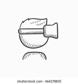 Man in virtual reality headset vector sketch icon isolated on background. Hand drawn Man in virtual reality headset icon. Man in virtual reality headset sketch icon for infographic, website or app.