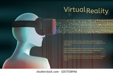 Man in virtual reality headset. Vr concept with textarea. Vector illustration. Virtual reality world and simulation.