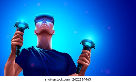 Man in Virtual reality headset and VR controllers in hands. VR metaverse. Virtual reality gamer. Young guy wearing 3d VR headset glasses playing computer video game in metaverse. Virtual reality.