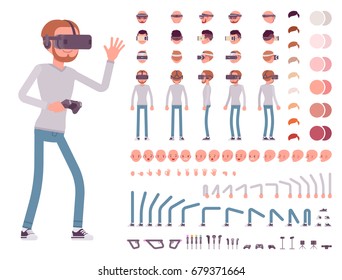 Man in Virtual Reality headset. VR helmet. Character creation set. Full length, different views, emotions and gestures. Build your own design. Vector illustration