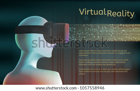 Man in virtual reality headset. Vr concept with textarea. Vector illustration. Virtual reality world and simulation.