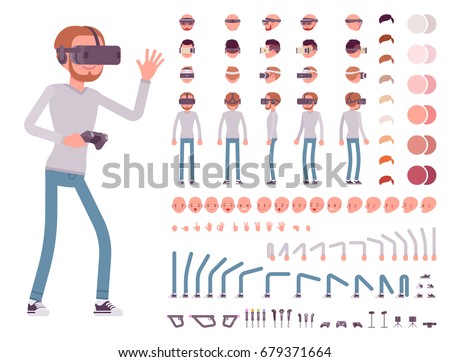 Man in Virtual Reality headset. VR helmet. Character creation set. Full length, different views, emotions and gestures. Build your own design. Vector illustration