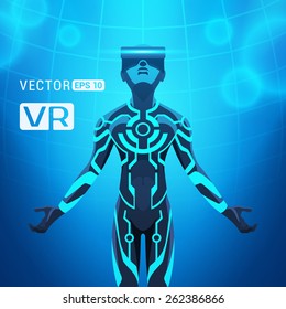 Man in a virtual reality helmet. Futuristic males figure in a VR headset against the blue abstract background