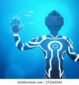 Man in a virtual reality helmet. Futuristic males figure in a VR headset against the blue abstract background