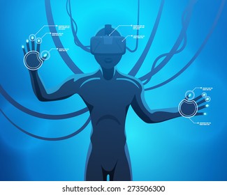 Man in a virtual reality helmet. Futuristic males figure in a VR headset against the blue abstract background