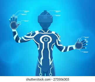 Man in a virtual reality helmet. Futuristic males figure in a VR headset against the blue abstract background