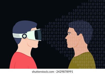 A man in a virtual reality helmet interacts with another person. Vector illustration.