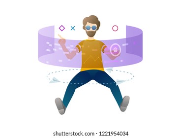 Man in virtual reality. Online work process. Modern style vector illustration for landing page, website, banners and presentation.