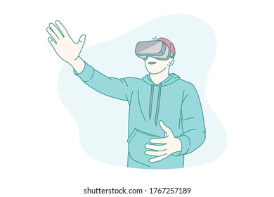 Hombre con simulador de realidad virtual, ilustración de concepto