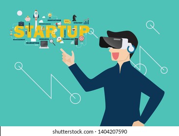 Man in virtual reality startup concept. vector illustration