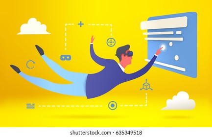 Man in virtual reality. Vector illustration. Paper art