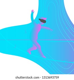 Man in virtual reality walking a tightrope. Vector illustration.