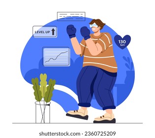 Man with virtual sports concept. Young guy in gloves and vr glasses indoor. Fitness in virtual reality. Cyberspace and metaverse. Active lifestyle and workout. Cartoon flat vector illustration