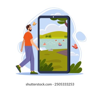 Hombre con mundo virtual. Muchacho joven cerca del smartphone enorme en la terraza donde la gente que nada en río. Metaverso y ciberespacio. Ilustración vectorial plana aislada sobre fondo blanco