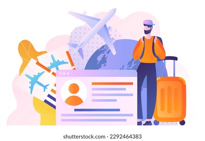 Man with visa concept. Young boy with suitcase stands against backdrop of planet with airplane. Tourist and traveler on holiday. Vacation or emigration procedure. Cartoon flat vector illustration