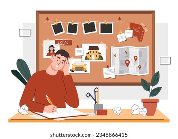 Man with vision boards concept. Young guy with notepad and pencil. Organization of effective workflow and time management. Planning and goal setting. Cartoon flat vector illustration