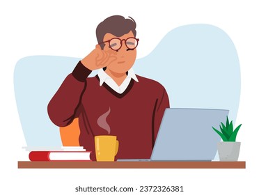 Man With Vision Problems Struggles To Use A Laptop. Male Office Manager Character Squinting, Rubbing Eyes, Highlighting The Challenge Of Accessibility In Technology. Cartoon People Vector Illustration